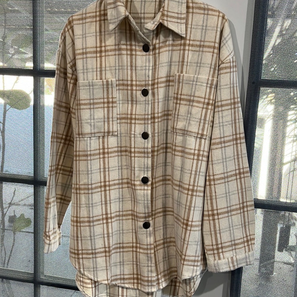 Women's Casual Plaid Lapel Woolen Button Up Pocketed Long flannel jacket